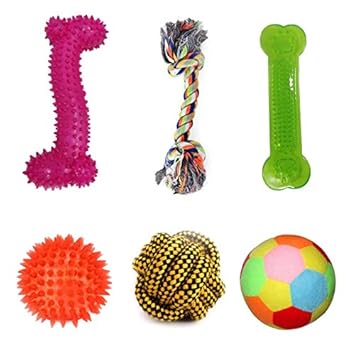 Kiki N Pooch Puppy and Dogs Chew Rope Squeaky Teether Toys - Combo of 6 | Silicon Bone | 2 Knot | Led Ball | Rope Ball | Rattle Ball | Z Bone |
