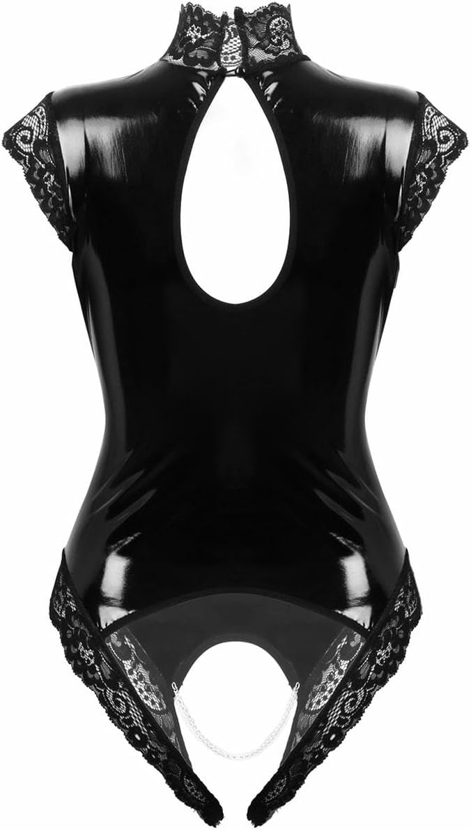 Womens Lingerie Trimmed Leotard Bodysuit High Neck Patent Leather