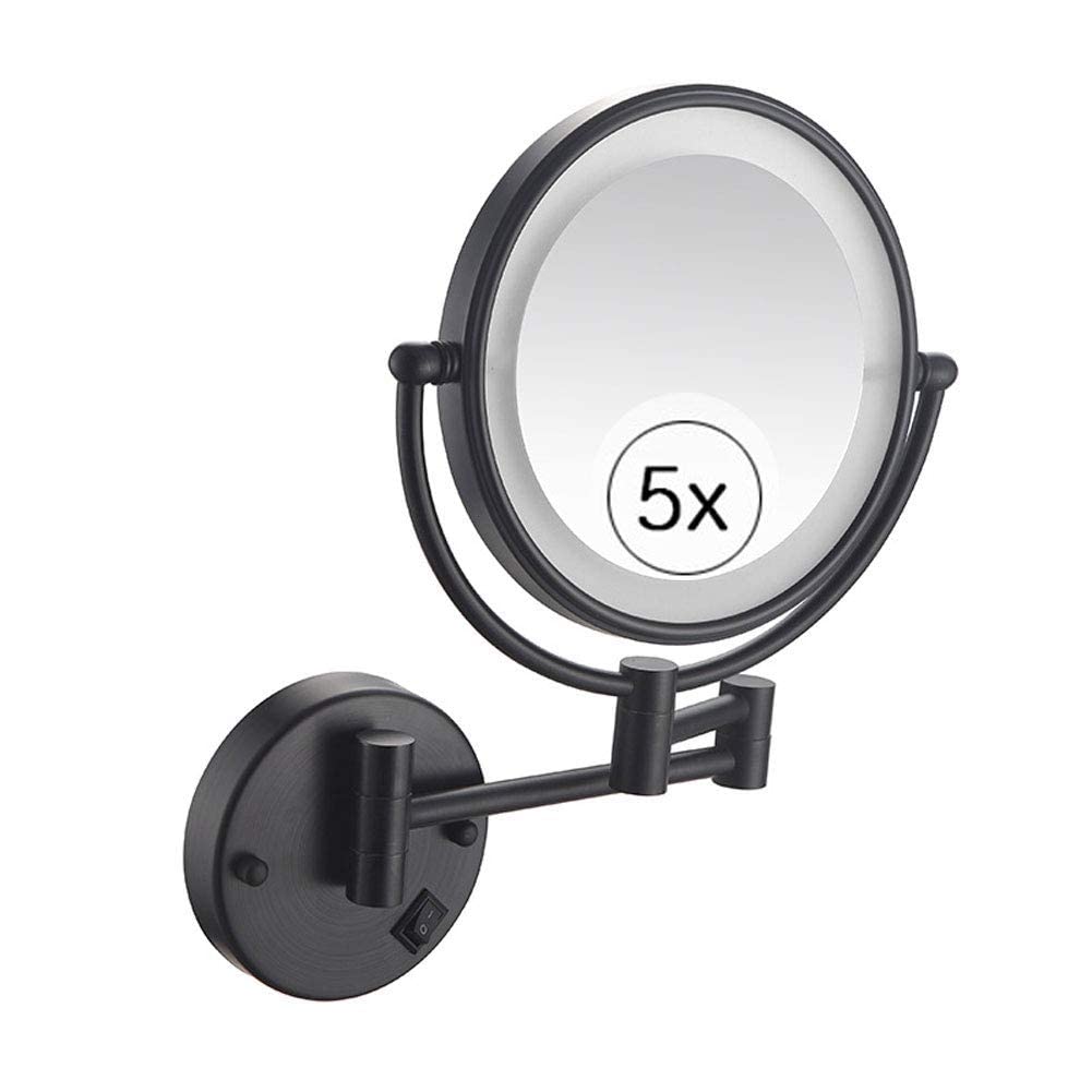 Espejo de maquillaje de montaje en pared con luz LED de doble cara con aumento de 5X, espejo de tocador giratorio de 360 ​​° Espejo de extensión cosmético de baño de 8 pulgadas negro ( Size : Conceale