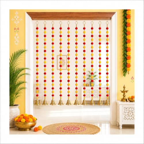 Image of Bindian Pom Pom Beads & Golden Bell Hanging Pack of 10 for Home Decor, Door Hanging Decorative Items, Wall Hanging Decoration for Living Room, Pooja Room Decoration Items, Diwali Decor