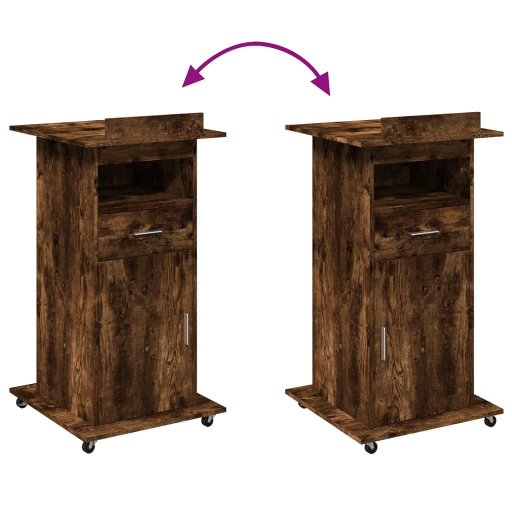 Scrivania in legno di rovere affumicato con ruote, piano superiore inclinabile, cassetto, 55 x 55 x 107 cm, segretario mobile per ufficio, casa, presentazione, spazio di archiviazione