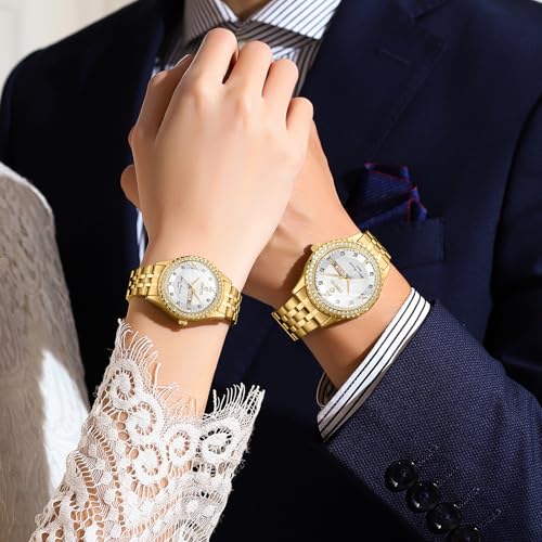 Image of JewelryWe Couple Gold Quartz Watch: Business Analog Full Diamond Day Date 3ATM Waterproof Luminous Hands Stainless Steel Removable Strap Casual Wrist Watch for Father's Day