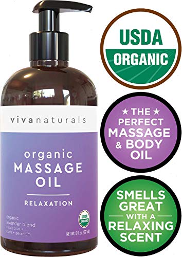 Certified Organic Massage Oil with Relaxing Lavender Scent, Perfect for Couples Massage and Stiff Muscle Relief, Works Great as a Sensual Body Oil (8 fl. oz.)