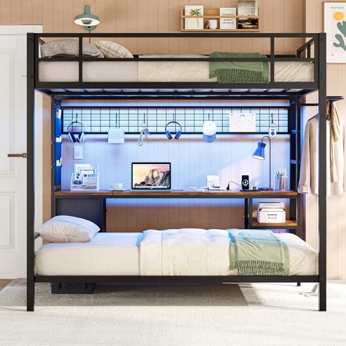 DICTAC Full Over Twin Bunk Bed with Desk and Charging Station Metal Full Over Twin Size Bunk Bed with Led Lights,Storage Shelves and Drawers,Bunk Beds for Teen/Adult with Safety Guard & Stairs,Black