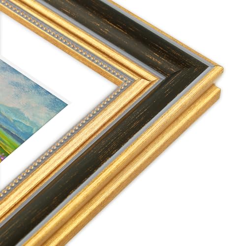 Image of Golden State Art,12x16 Ornate Picture Frame Holds 8x12 Photo,Black Gold | Includes plexiglass front,white mat,build-in hangers and buttons.Displays 8x12 photo on wall