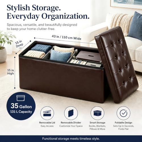 Image of ALASDO 43 Inch Folding Storage Ottoman Bench with Hidden Storage, PU Leather Ottoman Foot Rest Stool, End of Bed Bench for Bedroom, Living Room, Entryway and Closet, Brown