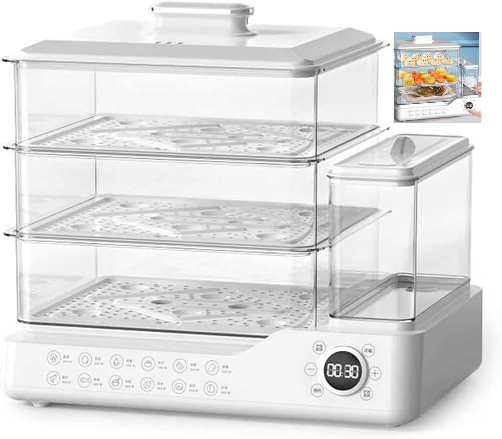 24L Electric Steamer for Cooking with Baskets, 3 Tier Food Steamer, 12H Booking, Independent Water Tank, Vegetable Steamer for Vegetables and Seafood (A,1pcs)