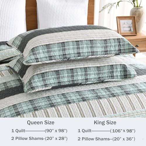 Image of Homzard 100% Cotton Quilts Queen Size Teal White Plaid Farmhouse Plaid Striped Bedspread Set,Lightweight Breathable Comforter Reversible Coverlet All Season 3 Pieces