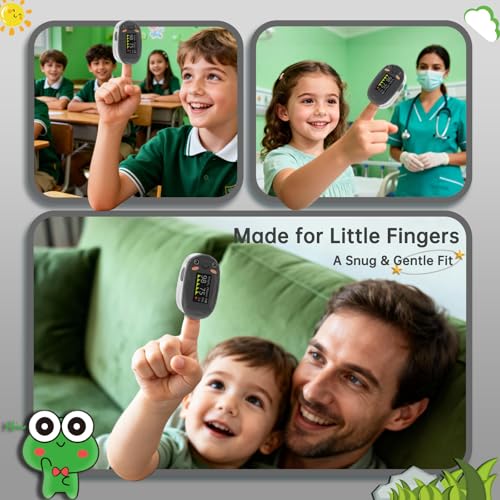Image of Alecaremed Pulse Oximeter for Kids, Adorable Animal Children Oxygen Monitor Fingertip with 20 x Memory, 4 Color OLED Display Blood Oxygen Saturation Monitor with Alarm, Batteries and Lanyard (Black)