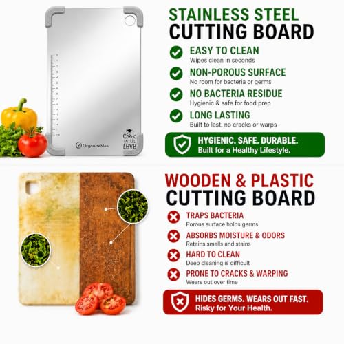 OrganizeMee Tabla de Cortar Grande de Acero Inoxidable, Rectangular 36 cm x 25 cm, Durable con Base Antideslizante de Silicona miniatura 4