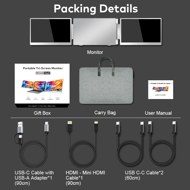 Image of 15.6 inch Laptop Screen Extender for Triple Display - FHD 1080P Portable Monitor For Laptop - Compatible with MacOS /Windows /Android - USB C Detachable Plug & Play Extended Screen for 12-17 inch Laptops