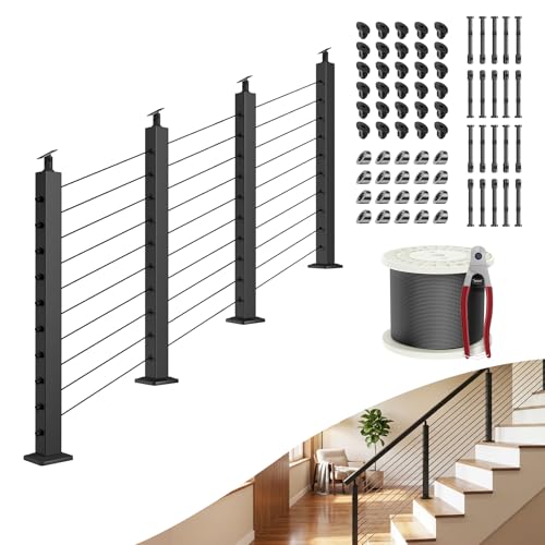Image of BLIKA 15FT-25FT Complete Set 36 inch Stair Railing Post Kits, Adjustable Angle Line Post (25 to 35), Black Swageless Cable Railing System Include 4 Stair Posts, 300FT 1 /8 inch Stainless Cable(No Handrail)