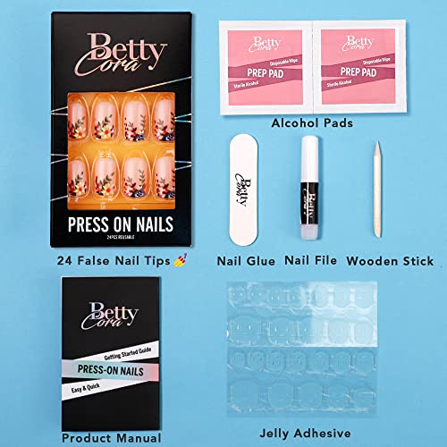 Short Press on Nails, BettyCora Square Press on Nails 24 False Fake with Nail Glue for Women, Flowers - Thumbnail 3