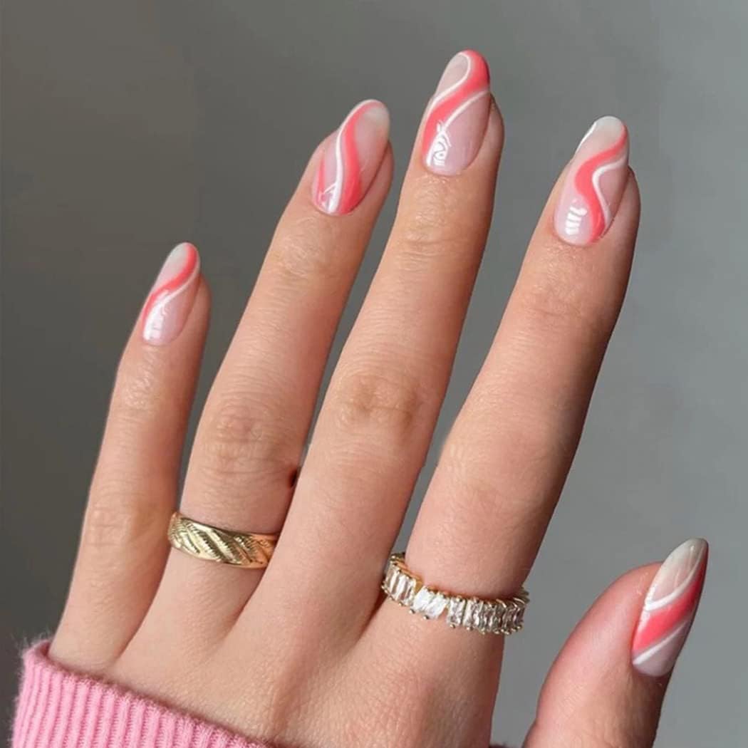 Vatocu French False Nails Short Pink Nude Press on Nails Wavy Lines Fake Nails Oval Acrylic Stick on Nails for Women (24pcs)