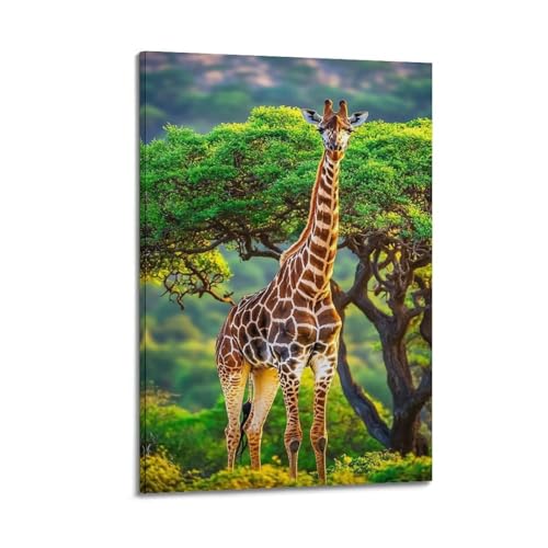 Affiche murale artistique moderne motif Girafe et arbre vert 40 x 60 cm