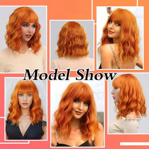 Image of QUEENTAS 12 Inch Short Ginger Bob Wavy Curly Hair Wig for Women Full Head with Bangs Synthetic Diwali Wigs