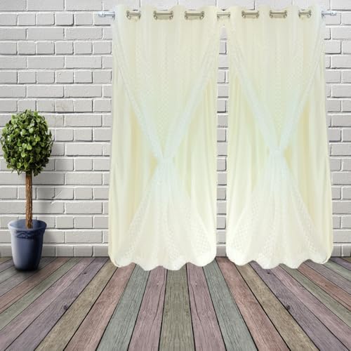 Image of Double Curtains 2 in 1 Embroidery Transparent Curtain with 80% Blackout Curtain Best for Every Interior Living Room Grommet(White 8ft Set 2)
