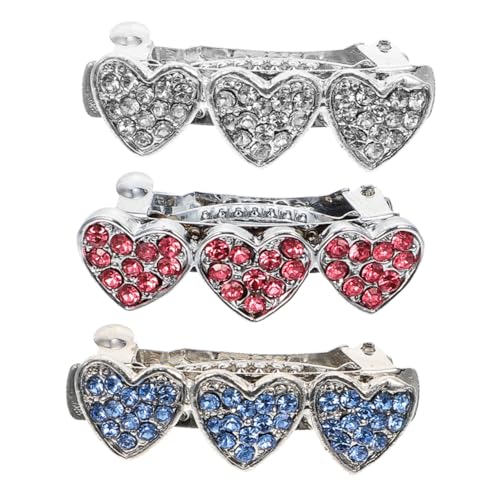 BESPORTBLE 3Pcs Pet Headwear Dog Hair Clips with Rhinestone Inlaid Heart Design Durable Barrettes for Daily Wear and Pet Photography Accessories