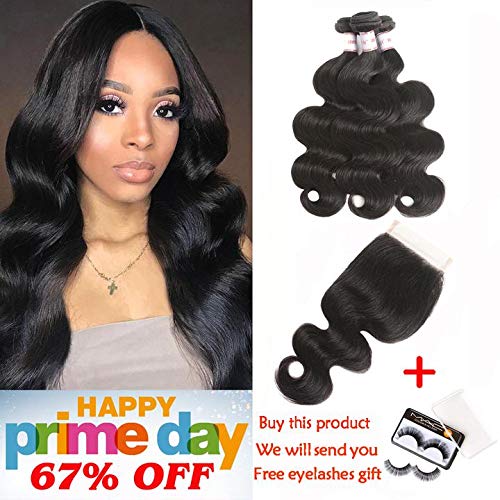 Magic Show 10A Brazilian Virgin Hair Body Wave 3 Bundles With Closure 100% Unprocessed Brazilian Body Wave Human Hair Weft with Lace Closure Brazilian Body Wave(12 14 16+10"Free Part,Natural Black)
