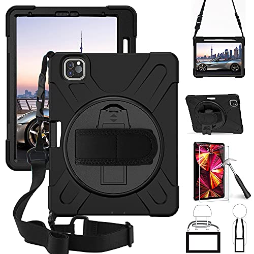 Flash Sale Buy 1 get 1 iPad Pro 11 Case 2021/2020/2018, iPad Air 4 Case, Heavy Duty Rugged Protective Case Cover with Tempered Glass Screen Protector Stand Handle Hand Strap Shoulder Strap, for iPad Pro 11" 3rd/2nd/1st Gen