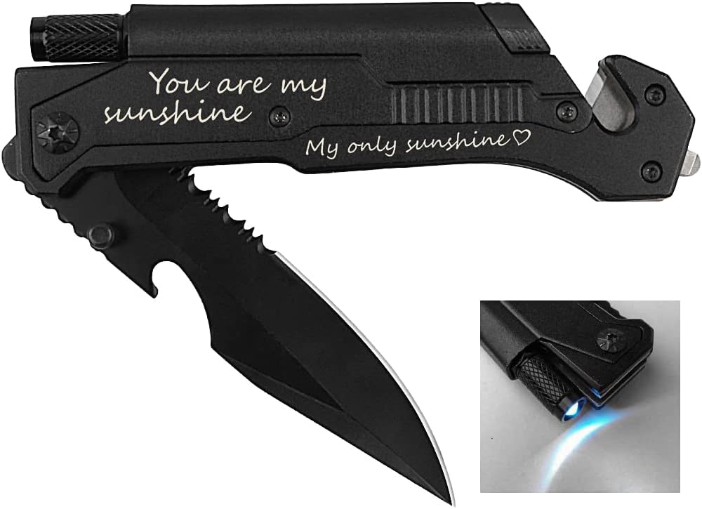 Engraved Pocket Knife For Him, You are my sunshine, Pocket Knife for Men with 6 Functions, LED Light, Fire Starter, Bottle Opener,Seat Belt Cutter,Glass Breaker