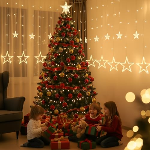 Image of Gigawatts Fairy Curtain String Light with Star Shaped 138 LEDs 2.5m Indoor & Outdoor Decor Lights for Home Diwali Christmas and Valentine Party (Pack of 1, Warm White, 6+6 Stars)