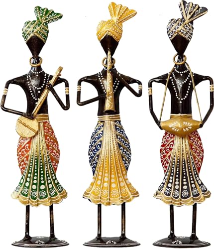 Image of Musical Sardar Set of 3 Handcrafted Rajasthani Musician Figurines | Black Metal Showpiece for Bedroom & Living Room Decor, Home Table & Shelf Decoration | 34.3 cm