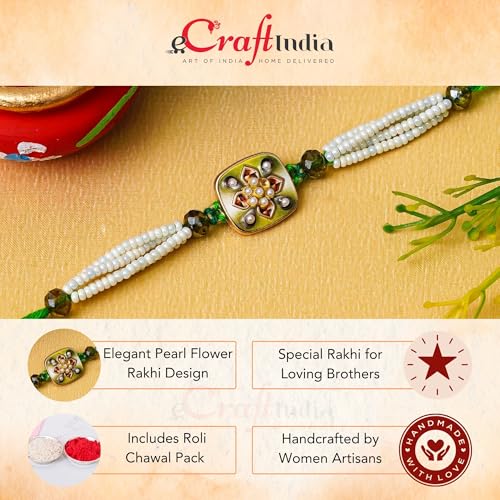 Image of eCraftIndia Beautiful Flower Pearl Rakhi for Brother with Gift Combo Set Hamper | Raksha Bandhan Rakhi for Bhai Bhaiya | Best Bro Ever Fridge Magnet | Roli Chawal Pack
