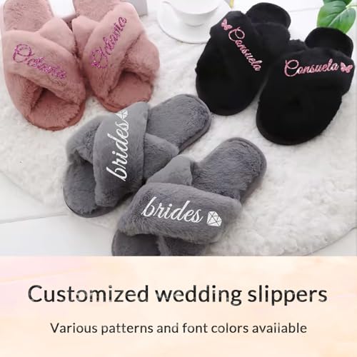 Personalized Bride Slippers for Wedding Day, Custom Bridesmaid Slippers with Name, White Fuzzy Slipper for Bridal Showers Bachelorette Parties, Personalized Bridesmaids Gifts for Wedding Day2