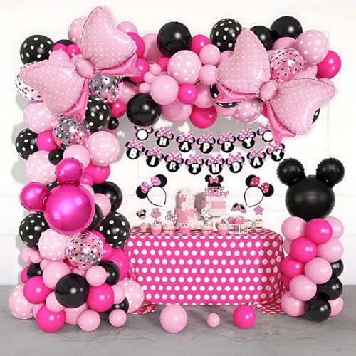 Set de Globos Decoracion Cumpleaños Niña. Decoracion Cumpleaños Princesas Globos Rosa Negro Blanco, Lazos y Orejas de Minie. Baby Shower Niña Princesas y Primera Comunión Niñas