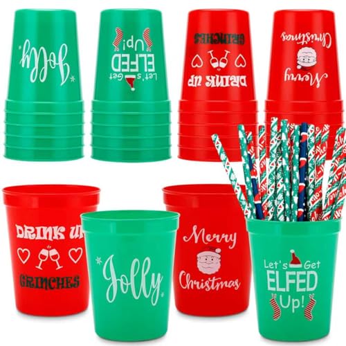 Ainibar Christmas Party Cups Set, 12-Pack Red and Green Plastic Cups with Holiday Designs,...