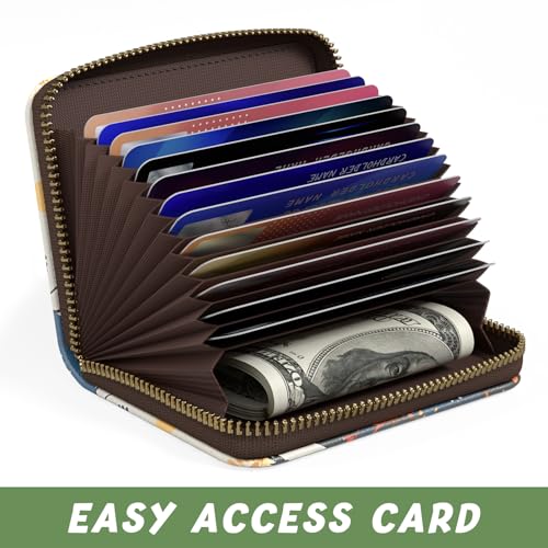 Image of Aiawoxc Credit Card Holder, Small RFID Wallet Slim Leather Card Organizer Case with Zipper and Keychain, Pretty Cat