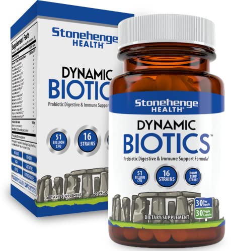 Probiotics 51 Billion CFU - 16 Strains, Prebiotic, Synbiotic - Stonehenge Health Dynamic Biotics - Lactobacillus Acidophilus, Delayed Release, Shelf Stable, Non-GMO Gluten Free Veggie Capsule