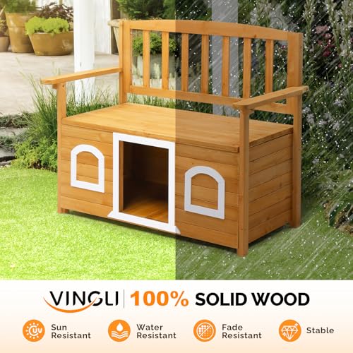 Image of VINGLI Outdoor Storage Bench with Built-in Dog House, 2-in-1 Outdoor Waterproof Patio Bench with Pet Kennel for Patio Backyard Porch (Natural)
