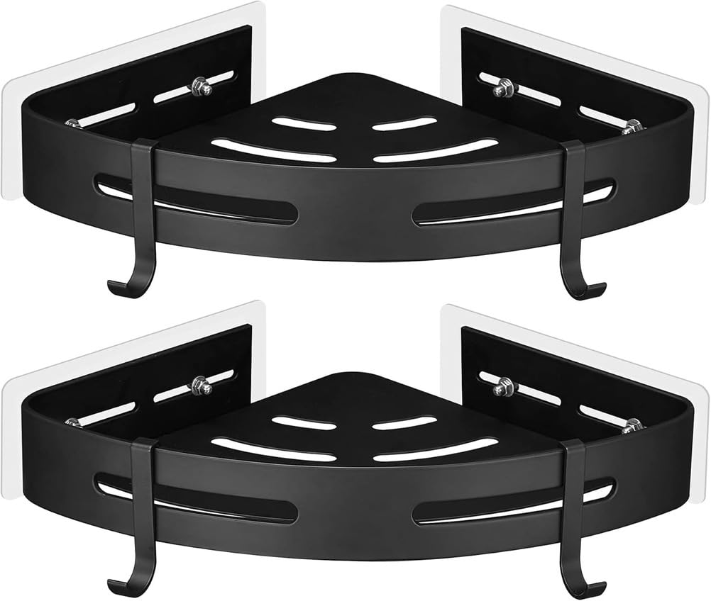 NobeOnbe 2pcs Black Corner Shower Caddy - Rustproof Aluminium Triangle Shower Shelf - No Drill Drill Installation -