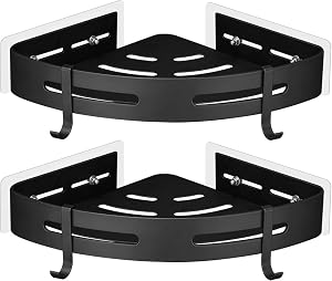NobeOnbe 2pcs Black Corner Shower Caddy - Rustproof Aluminium Triangle Shower Shelf - No Drill Drill Installation -