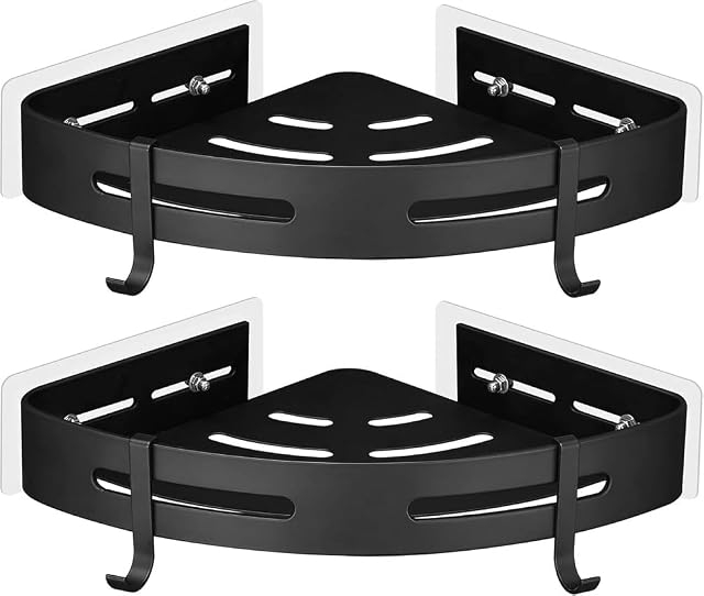 NobeOnbe 2pcs Black Corner Shower Caddy - Rustproof Aluminium Triangle Shower Shelf - No Drill Drill Installation -