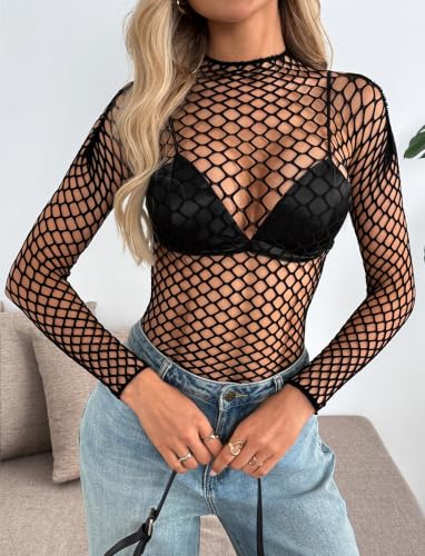 Image of Avidlove Women's Sexy Fishnet Mesh Long Sleeve Tops Mock Neck Sheer Lace See-Through Blouse Bodycon Clubwear Party Tops