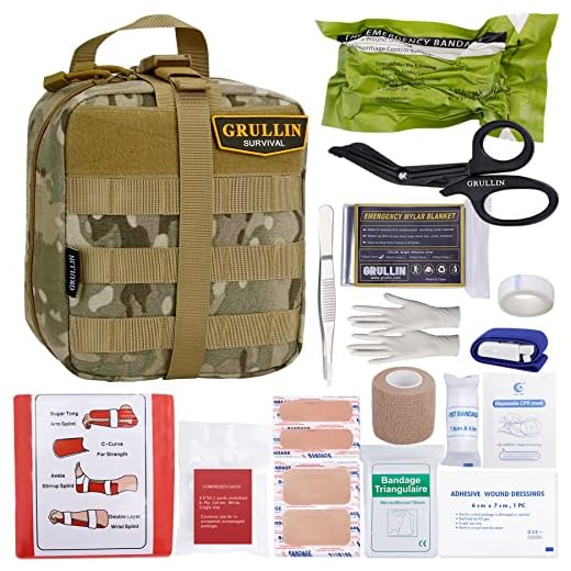 GRULLIN IFAK Trauma Kit, Tactical MOLLE Emergency First Aid Kit, Outdoor Military Field Dressing EMT Bag for Adventure, Hunting, Camping, Hiking, Travel and Accident(CP Camo)