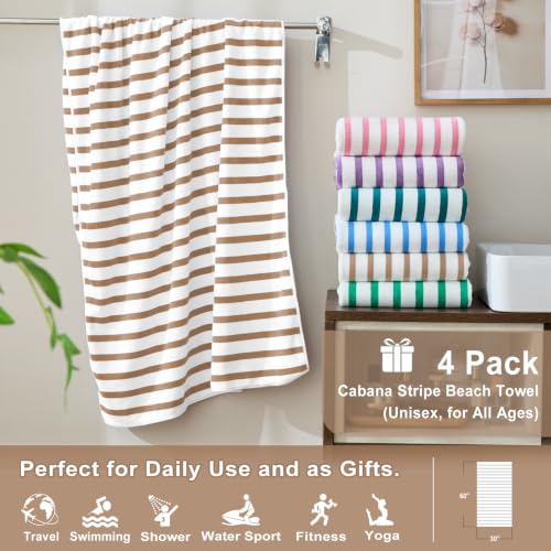 Image of JML Microfiber Beach Towels Set of 4, 30 inch x 60 inch, Cabana Stripe Coffee