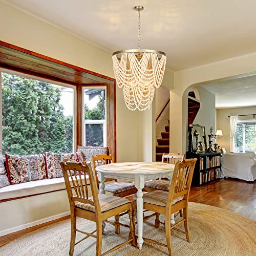 6-Light Bohemia Wood Beaded Chandelier For Dining Room, Coastal Pendant Light For Bedroom, Modern Farmhouse Light Fixtures For Entryway, Gold And Oak Finish #TOP3