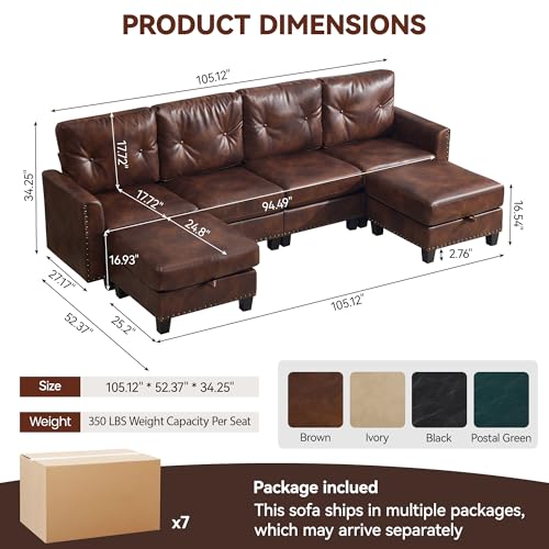 Image of 105 inch Faux Leather Modular Sectional 4 Seater Couch with 2 Storage Ottomans, Vintage PU Leather U Shaped Sofa with Nailhead Trim, Mid Century Modern Tufted Couches for Living Room, Office, Brown