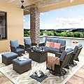 Yechen Patio Furniture Set 8 Peices with 44" Propane Gas Fire Pit Table -2 Wicker Swivel Rocking Chair, Outdoor Sectional Furniture Set with-4.3'' Cushion Conversation Sofa Set for Porch,Backyard
