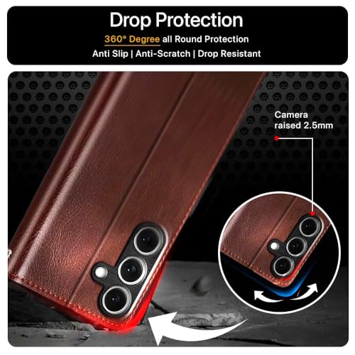 Image of FLIPPED Vegan Leather Flip Case Back Cover for Samsung Galaxy S25 5G (Flexible, Shock Proof | Hand Stitched Leather Finish | Card Pockets Wallet & Stand | Tan with Brown)