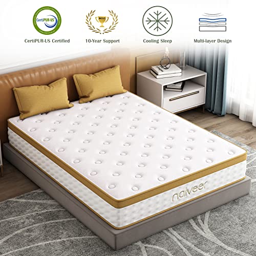 Naiveer Cool Gel Memory Foam Hybrid Mattress, 10 Inch Queen Size Mattress In A Box With Pocket Springs For Cool Sleep & Pressure Relief, Medium Firm Feeling With Certipur-Us Certified Foam #TOP1