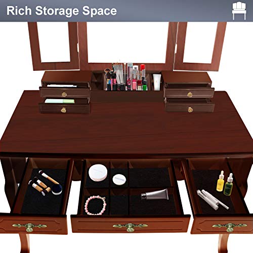 Vanity Beauty Station,Large Tri-Folding Necklace Hooked Mirrors,6 Organization 7 Drawers Makeup Dress Table with Cushioned Stool Set - Espresso