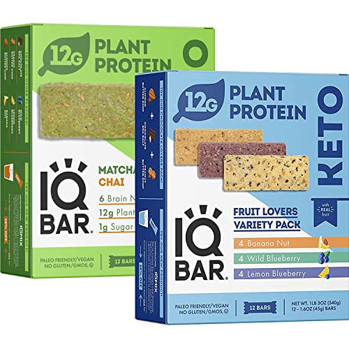 Iqbar Brain And Body Keto Protein Bars - Fruit Lovers Variety & Matcha Chai - 12 Count Energy Bars - Low Carb Protein Bars - High Fiber Vegan Bars Low Sugar Meal Replacement Bars #TOP6