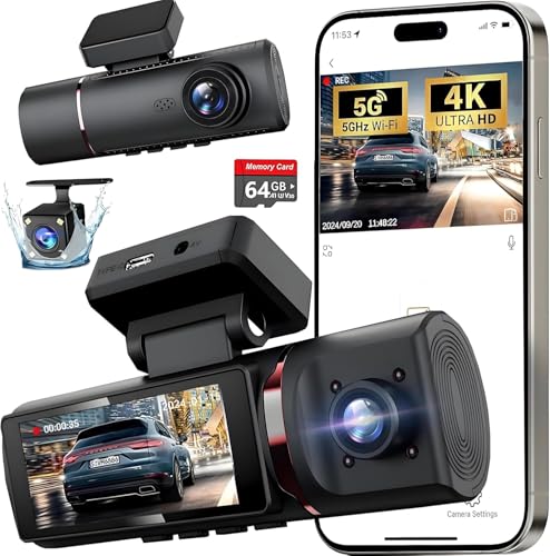 3 Channel 4K Dash Cam Front and Rear Inside, Built-in 5G WiFi,4K+1080P+1080P Dash Camera with 64GB Card,3.16” IPS Screen,Loop Recording, G-Sensor, 24H Parking Monitor, Night Vision(Rose Gold) - image 1