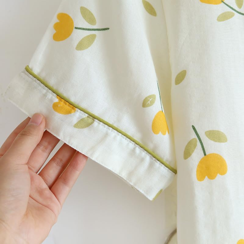 Womens 3pcs Cotton Gauze Pajama Set Short Sleeve Sleepwear Floral Print Cute Pj Set with Long Pants4