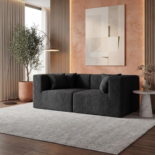 Image of MONVANE 75 inch Loveseat Sofa, Comfy Chenille Modular Sectional Sofa with 4 Pillows, Modern Deep Seat Boneless Couch, 2 Seater Sofa for Living Room, Bedroom and Apartment, Black